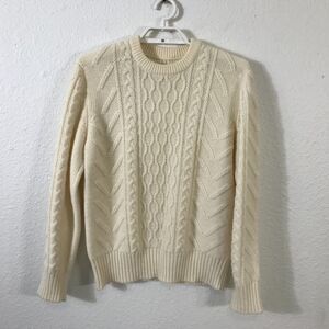 Vintage Fishermans Sweater Womens Size M/L Ivory Solid Cableknit Long Sleeve
